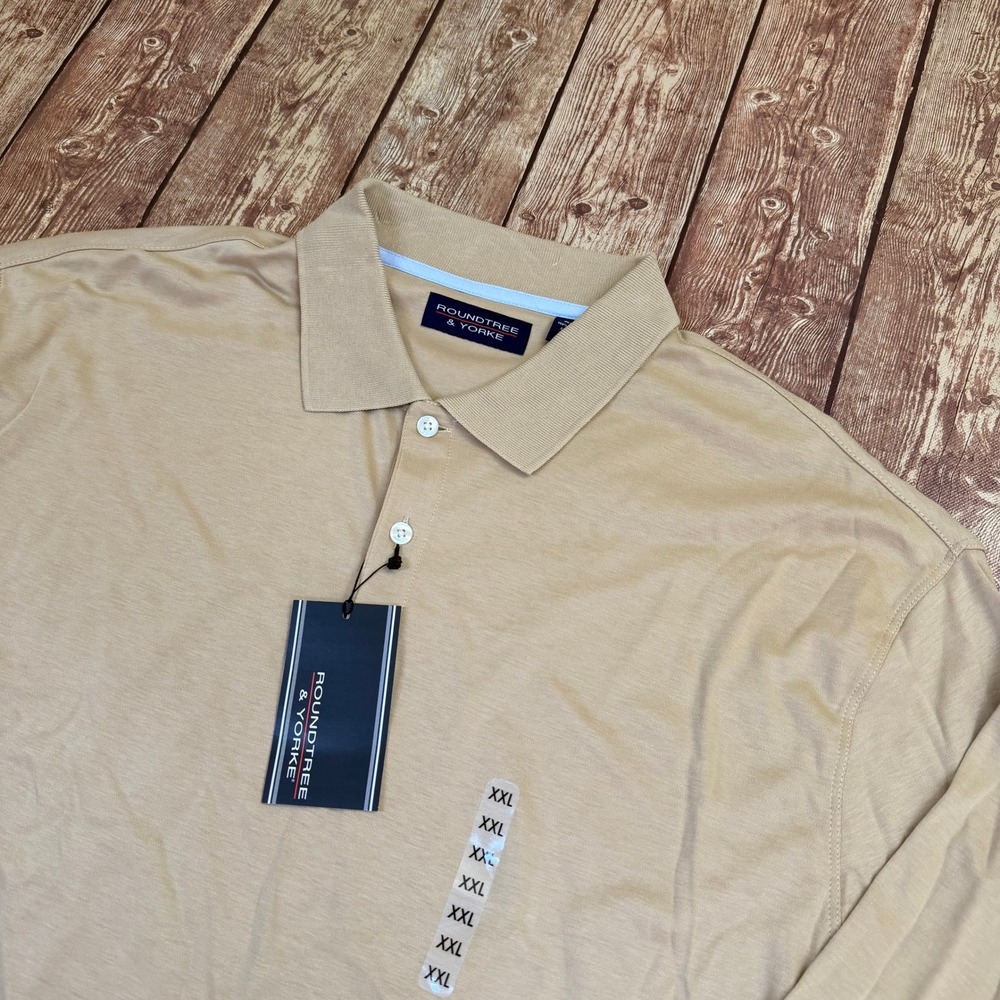 Roundtree & Yorke Supima Cotton Polo Shirt Mens XXL Tan Long Sleeve Ribbed Cuffs